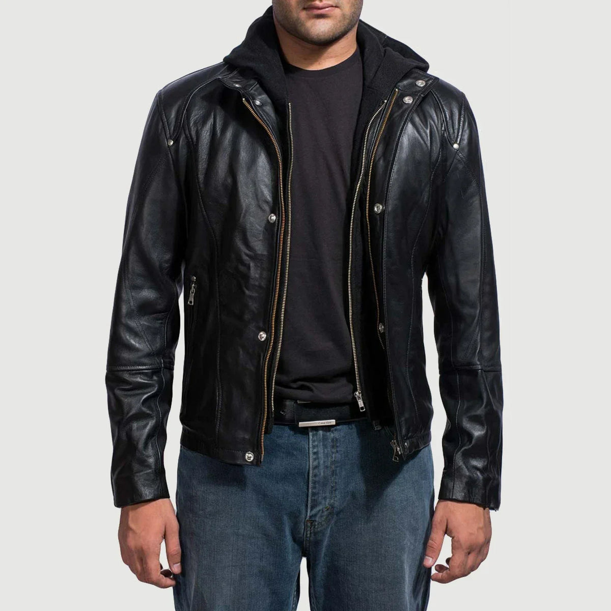 
Men's Highschool Black Leather Jacket in Black Cowhide Leather - Front Profile View & Tailored Silhouette | Buy Online