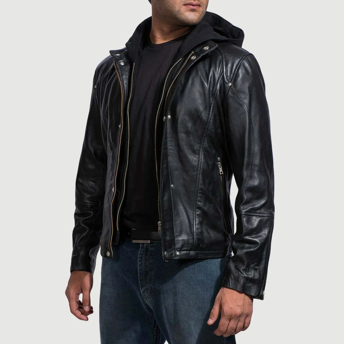 
Black Cowhide Leather Hooded Jacket - Back View Showing Tailored Shoulder Fit & Clean Hemline