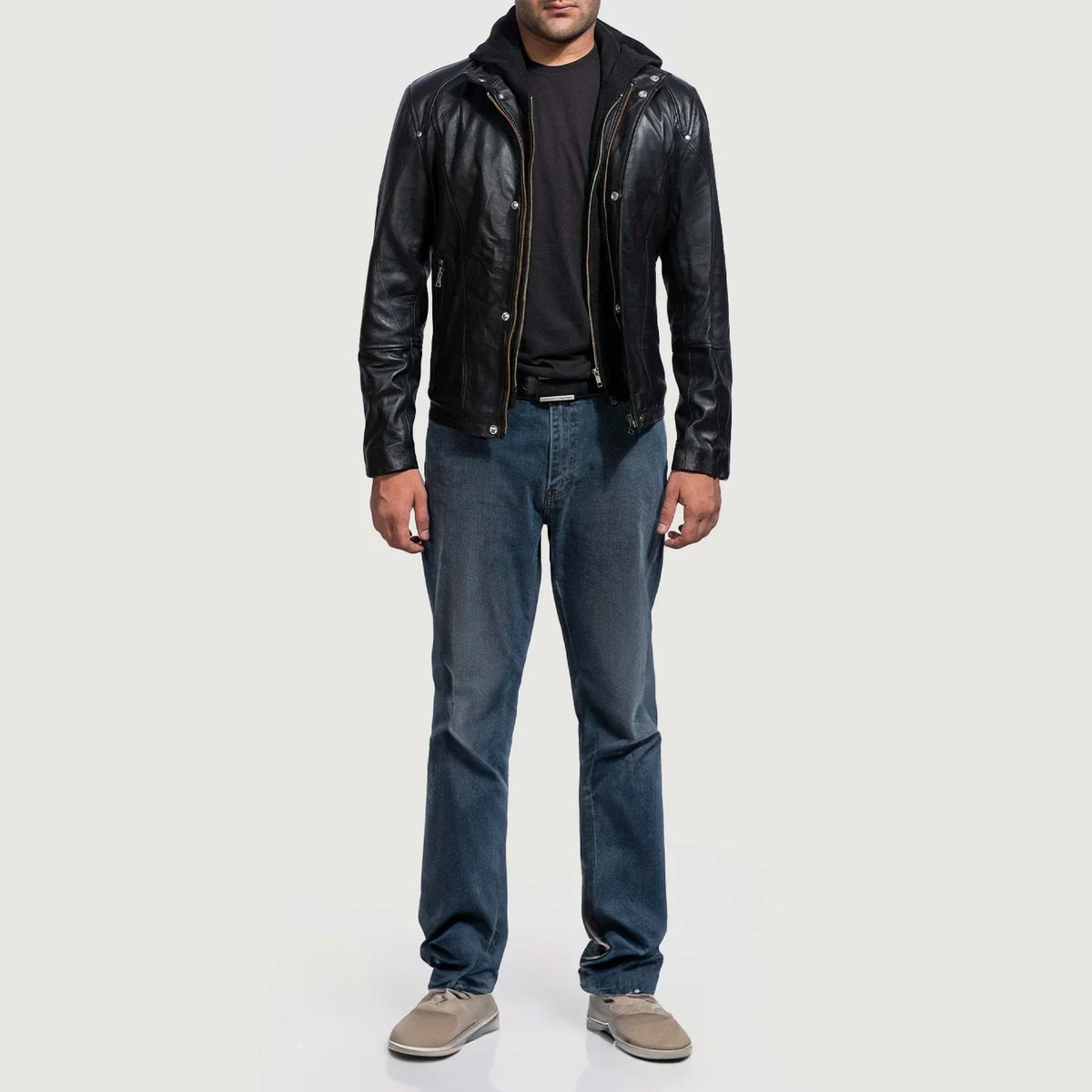 
Men's Highschool Black Leather Jacket - Lateral Side Profile View Showing Sleeve Cut & Athletic Taper Fit