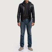 
Men's Highschool Black Leather Jacket - Lateral Side Profile View Showing Sleeve Cut & Athletic Taper Fit