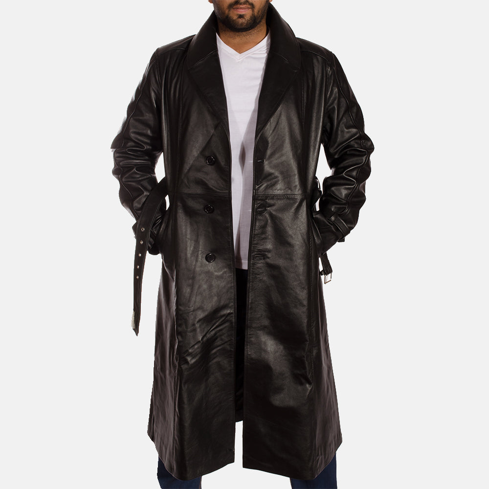 
Men's Hooligan Black Leather Trench Coat - Lateral Side Profile View Showing Sleeve Cut & Athletic Taper Fit