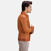 
Hubert Tan Brown Leather Jacket - Lateral Side Profile View Showing Sleeve Cut & Athletic Taper Fit