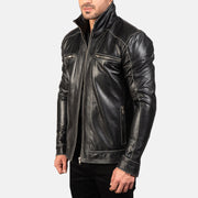 
Black Cowhide Leather Biker Jacket - Back View Showing Tailored Shoulder Fit & Clean Hemline