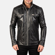 
Close-Up Detail of High neck Band & Zipper Hardware on Hudson Black Leather Biker Jacket