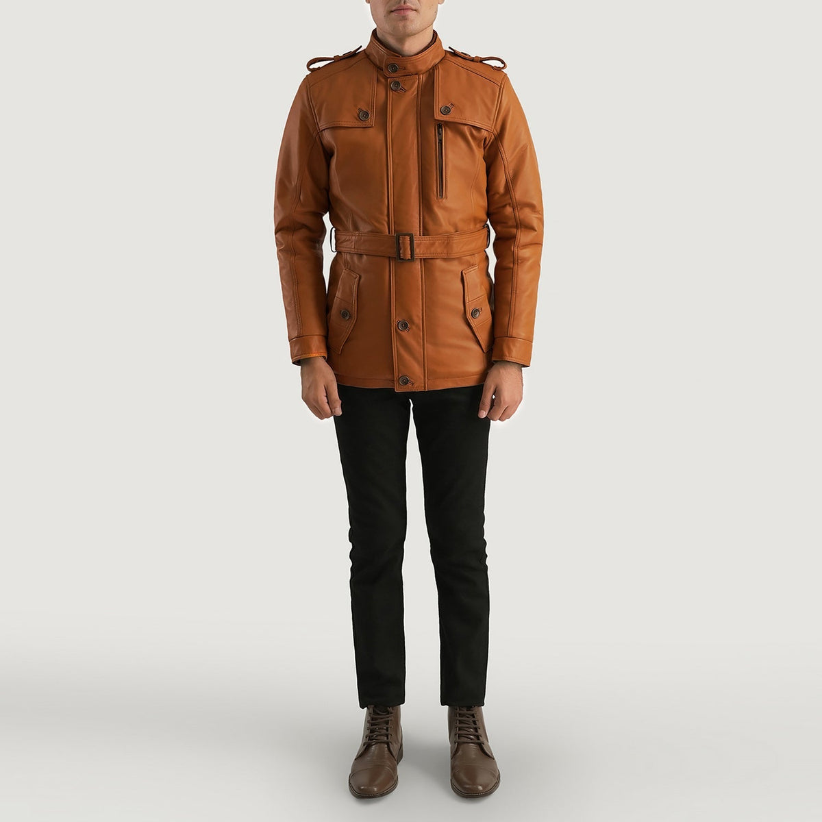 
Hunter Tan Brown Fur Leather Jacket - Lateral Side Profile View Showing Sleeve Cut & Athletic Taper Fit