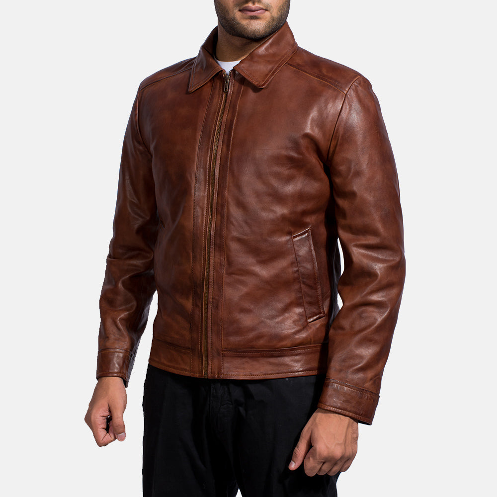 
Styled Fit Perspective of Men's Inferno Brown Leather Jacket on Model - Natural Daylight Drape