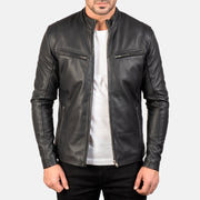 
Men's Ionic Black Leather Jacket in Black Sheepskin Leather - Front Profile View & Tailored Silhouette | Buy Online