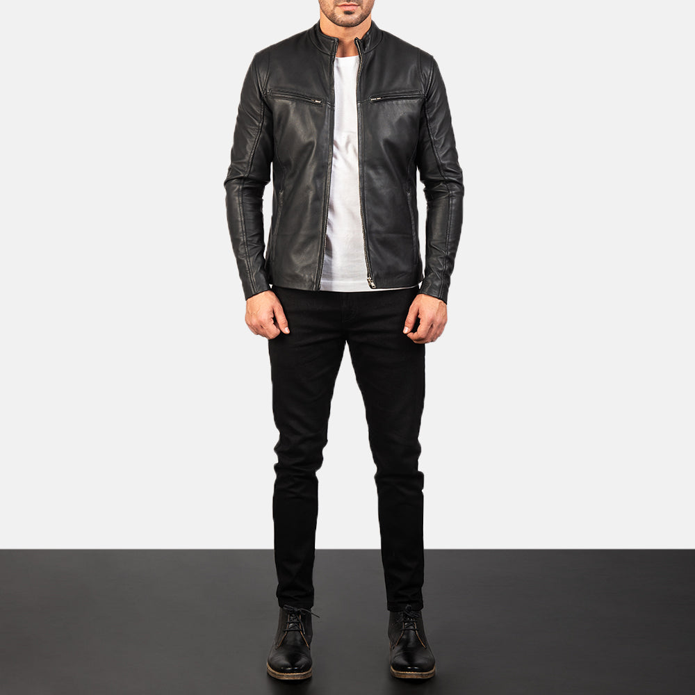 
Men's Ionic Black Leather Jacket - Lateral Side Profile View Showing Sleeve Cut & Athletic Taper Fit