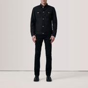 
Black Waxed Cotton Canvas Leather Jacket - Back View Showing Tailored Shoulder Fit & Clean Hemline