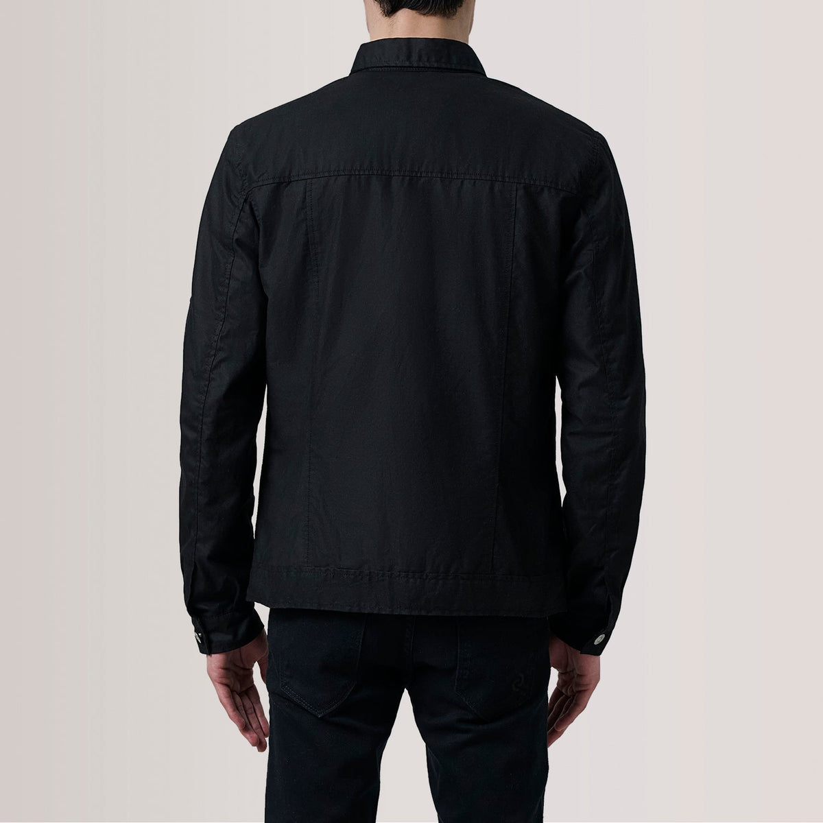 
Close-Up Detail of Classic Collar & Button Hardware on Irwin Black Waxed Canvas Field Jacket For Men
