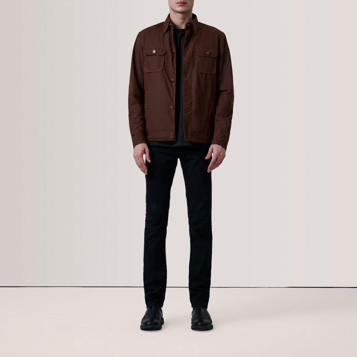 
Brown Waxed Cotton Canvas Leather Jacket - Back View Showing Tailored Shoulder Fit & Clean Hemline