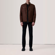 
Brown Waxed Cotton Canvas Leather Jacket - Back View Showing Tailored Shoulder Fit & Clean Hemline