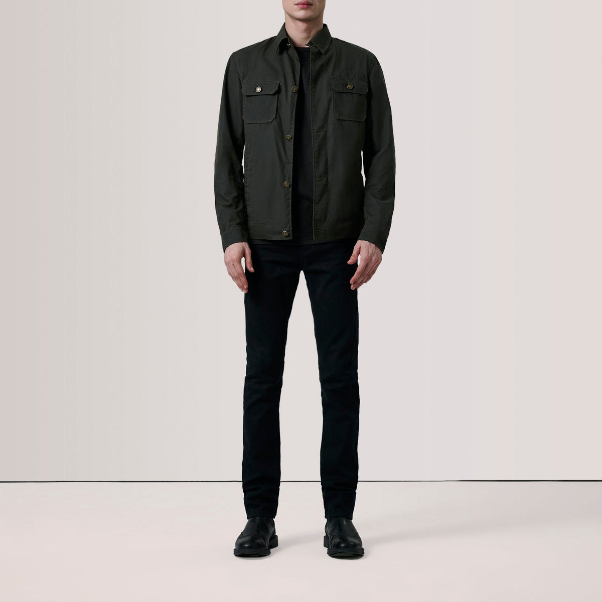 
Olive Waxed Cotton Canvas Leather Jacket - Back View Showing Tailored Shoulder Fit & Clean Hemline