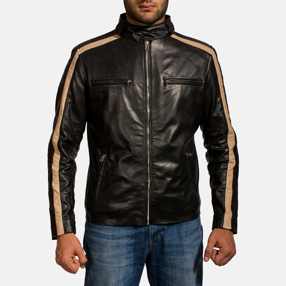 
Men's Jack Black Leather Biker Jacket in Black Sheepskin Leather - Front Profile View & Tailored Silhouette | Buy Online