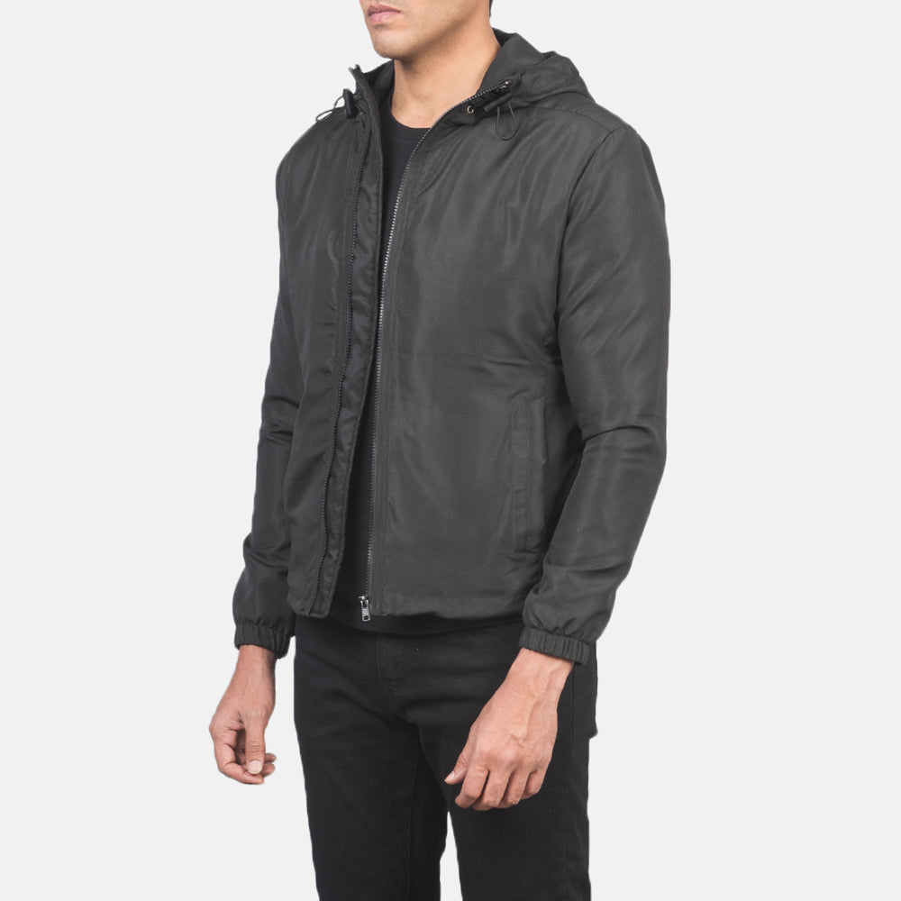 Black Polyester Hooded Jacket - Back View Showing Tailored Shoulder Fit & Clean Hemline