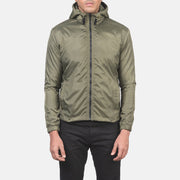 
Close-Up Detail of High Neck with Hood & Zipper with wind flap Hardware on Men's Jimmy Green Hooded Windbreaker Jacket