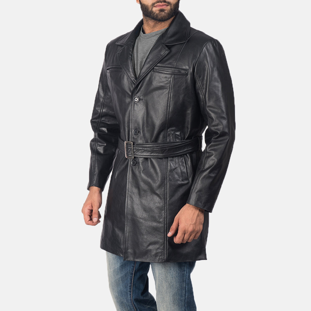 
Black Cowhide leather Coat - Back View Showing Tailored Shoulder Fit & Clean Hemline