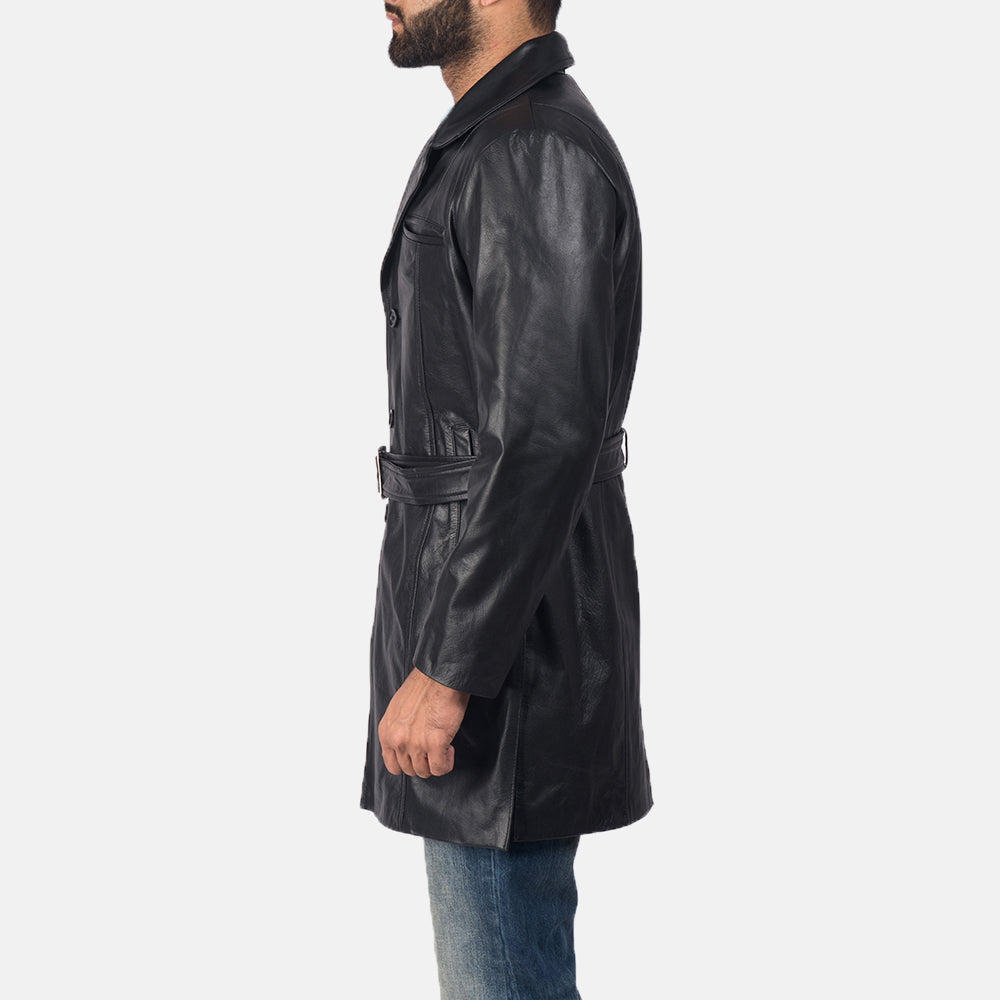 
Close-Up Detail of Notch & Button + Waist Belt Hardware on Men's Jordan Black Leather Coat