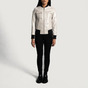 
Close-Up Detail of Varsity & Zipper Hardware on Women's Lana Silver Leather Bomber Jacket
