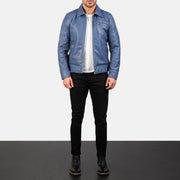 
Close-Up Detail of Shirt & Zipper with button flap at the bottom Hardware on Men's Lavendard Brown Leather Biker Jacket