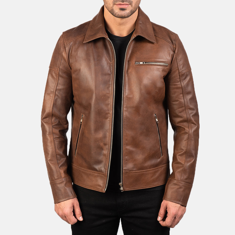 
Open Hem & Hem Craftsmanship Construction Detail on Men's Lavendard Brown Leather Biker Jacket
