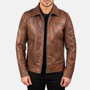 
Open Hem & Hem Craftsmanship Construction Detail on Men's Lavendard Brown Leather Biker Jacket
