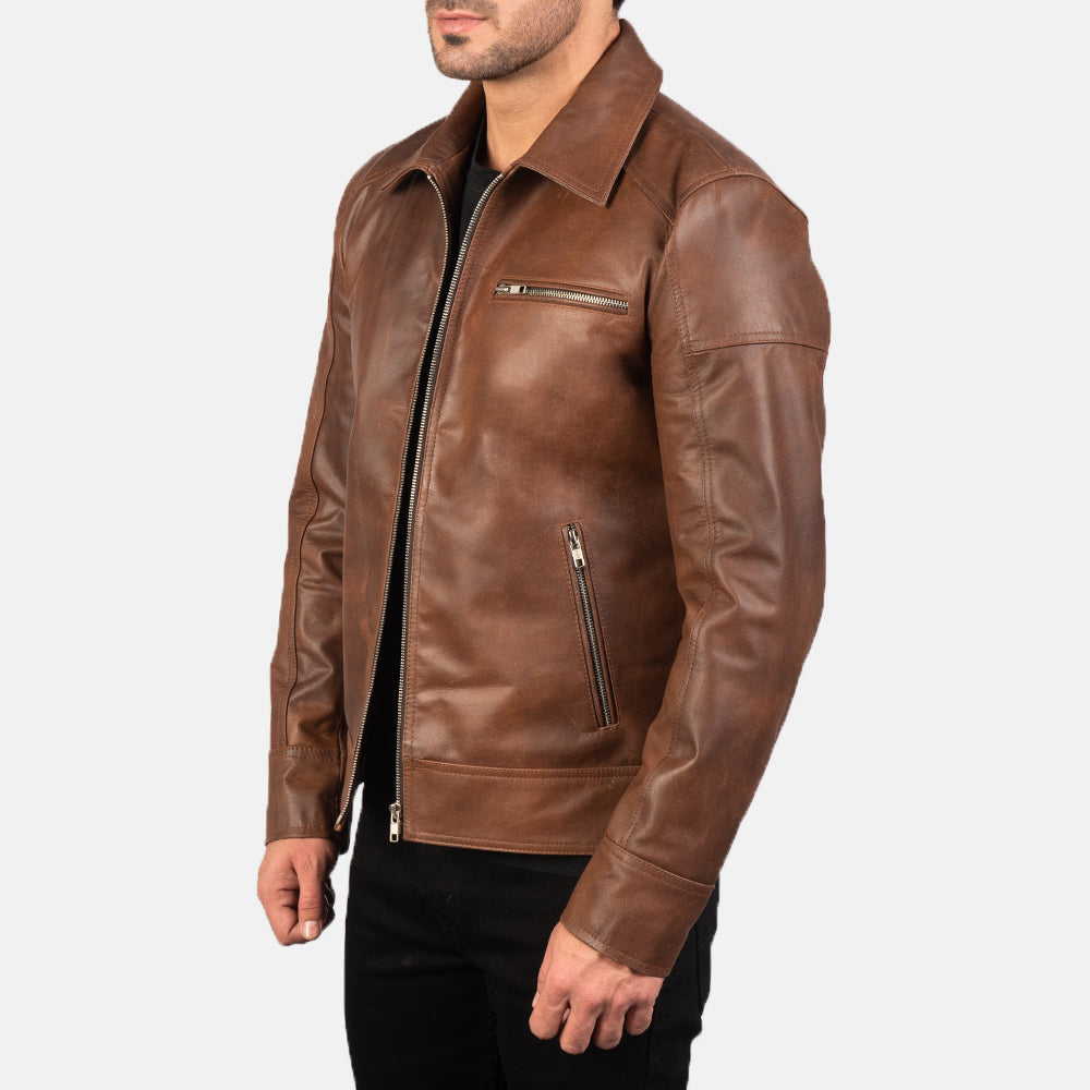 
Styled Fit Perspective of Men's Lavendard Brown Leather Biker Jacket on Model - Natural Daylight Drape