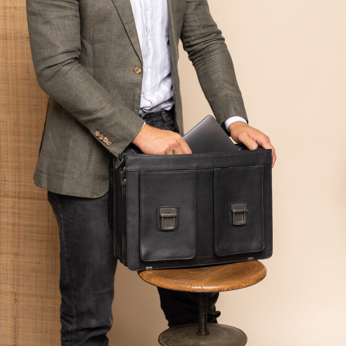 
Springfield Full-Grain Leather Briefcase - Structured Side Profile Showing Gusset Depth & Expansion Capacity