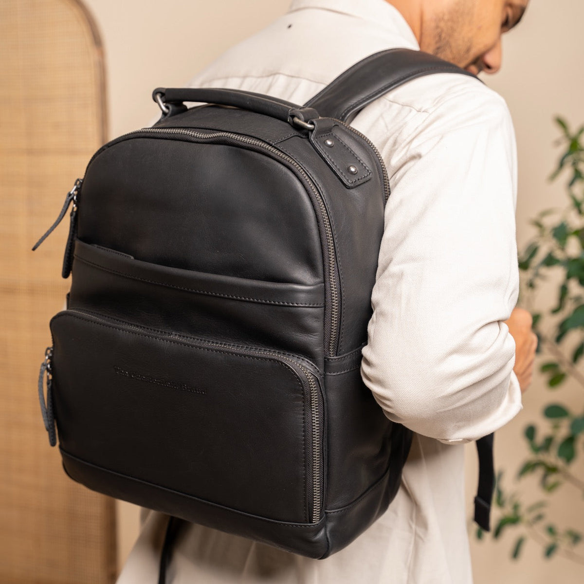 
Classic 100% Full-Grain leather Backpack - Rear Perspective Showing Reinforced Leather Straps & Stitching