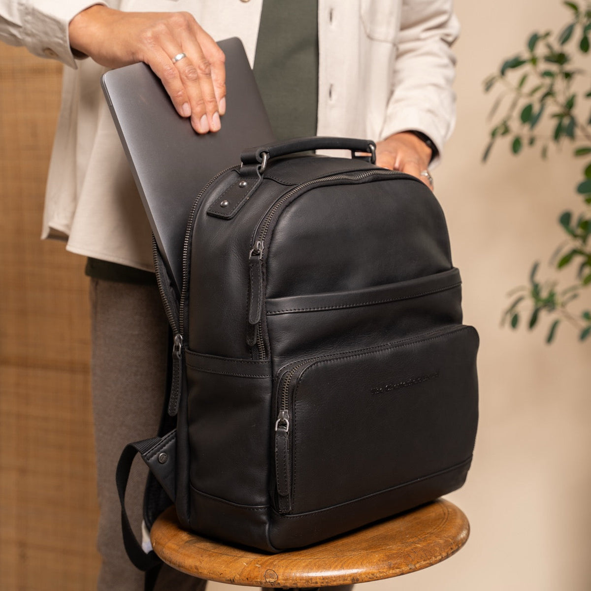 
Austin Full-Grain Leather Laptop Backpack - Structured Side Profile Showing Gusset Depth & Expansion Capacity