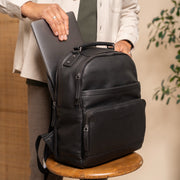 
Austin Full-Grain Leather Laptop Backpack - Structured Side Profile Showing Gusset Depth & Expansion Capacity