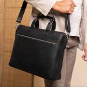 
Classic 100% Full-Grain leather Briefcase - Rear Perspective Showing Reinforced Leather Straps & Stitching