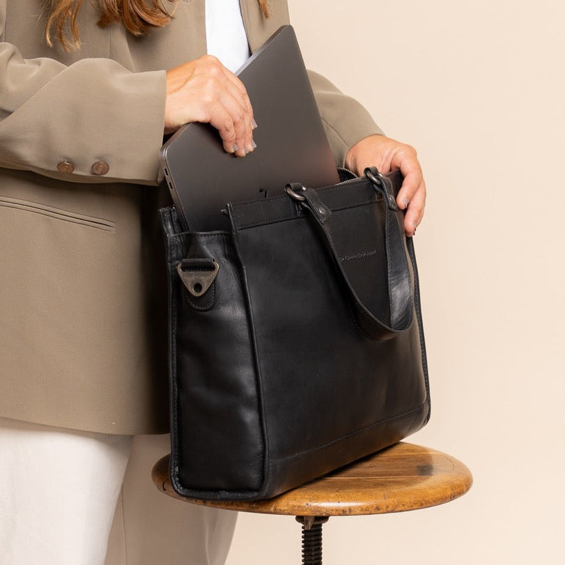 Manly Full-Grain Leather Laptop Bag - Structured Side Profile Showing Gusset Depth & Expansion Capacity