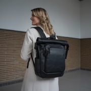 
Remo Full-Grain Leather Roll-top Backpack - Structured Side Profile Showing Gusset Depth & Expansion Capacity