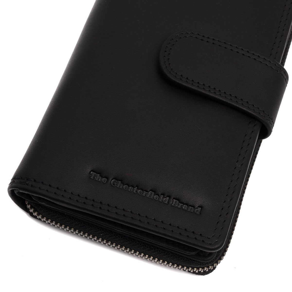 Solid Antique Brass Hardware & Heavy-Duty Dual Zipper Detail on Charlotte Full-Grain Leather Wallet