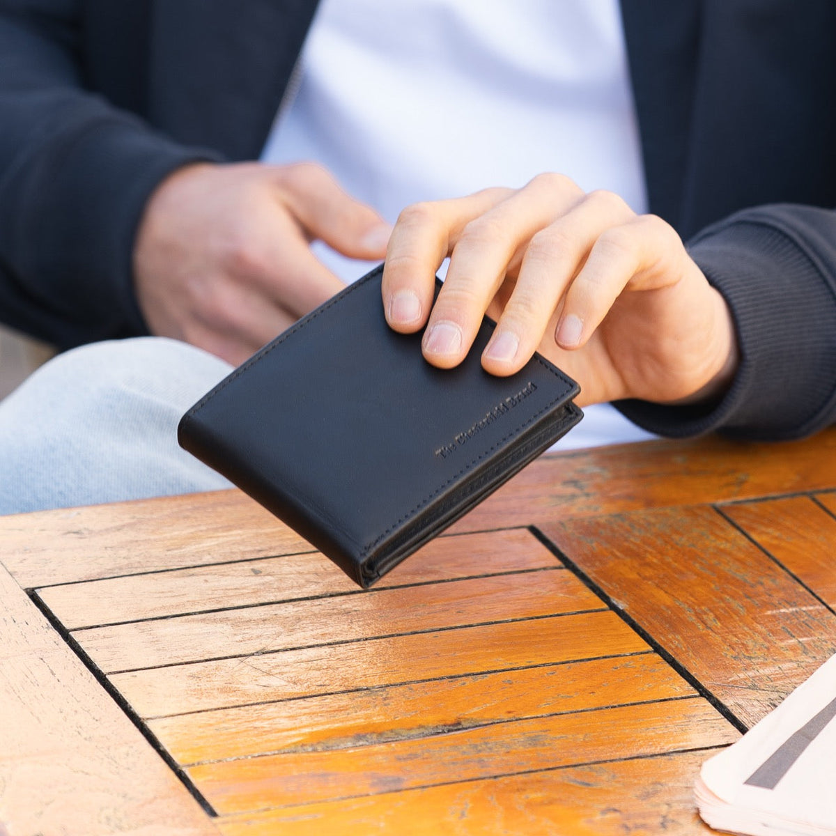 
Classic 100% Full-Grain leather Wallet - Rear Perspective Showing Reinforced Leather Straps & Stitching