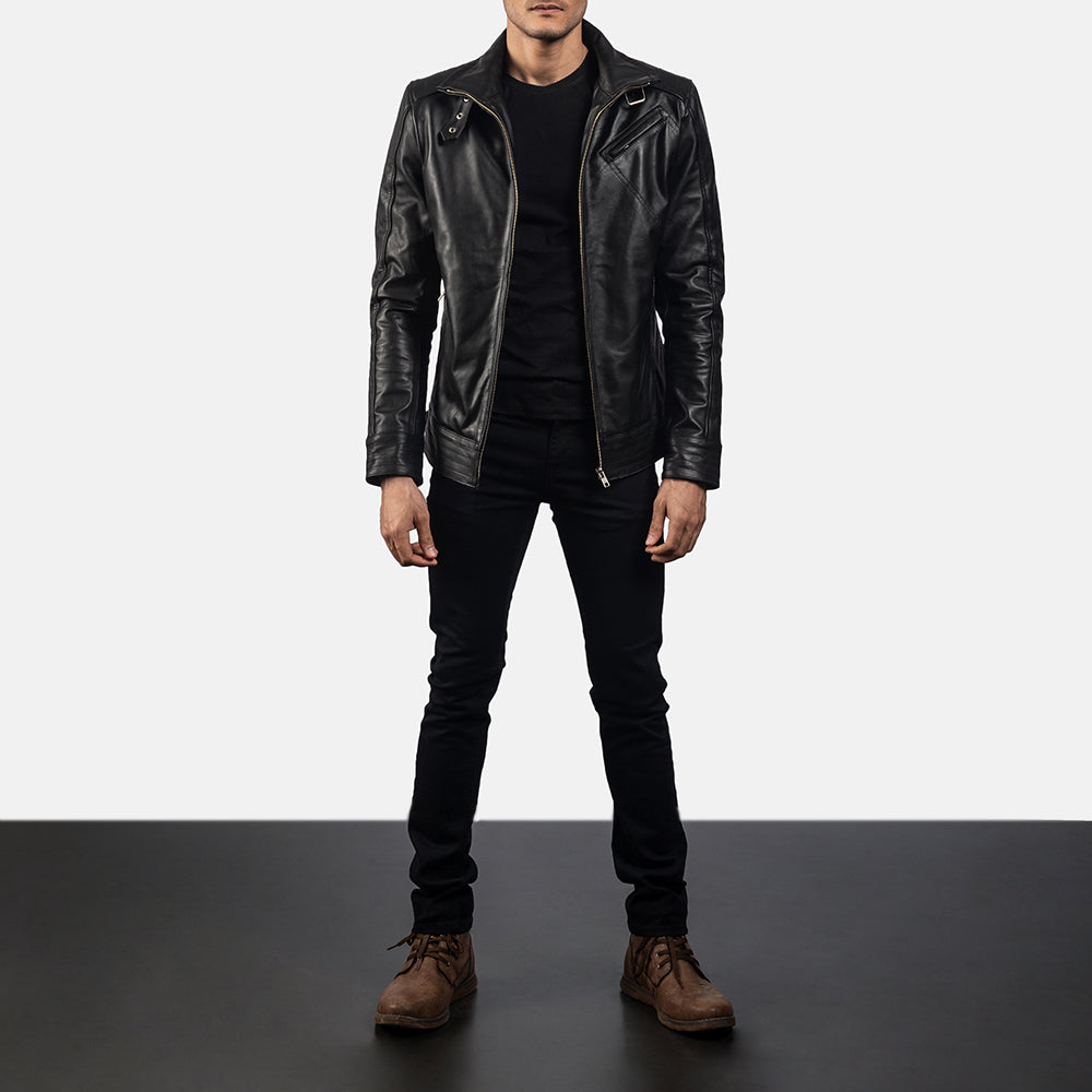 
Men's Legacy Black Leather Biker Jacket - Lateral Side Profile View Showing Sleeve Cut & Athletic Taper Fit