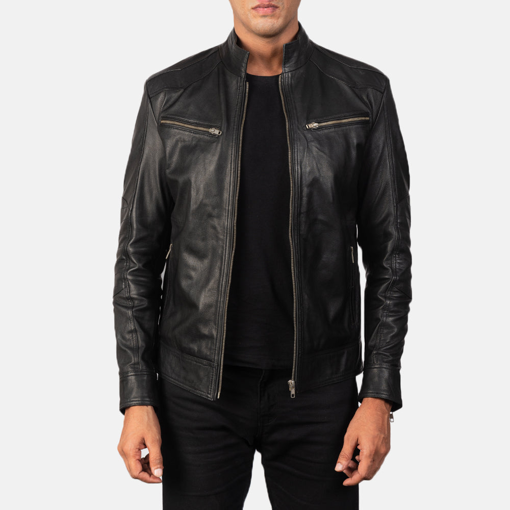 
Men's Mack Black Leather Biker Jacket in Black Goatskin Leather - Front Profile View & Tailored Silhouette | Buy Online