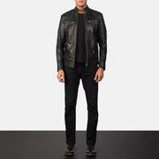 
Men's Mack Black Leather Biker Jacket - Lateral Side Profile View Showing Sleeve Cut & Athletic Taper Fit