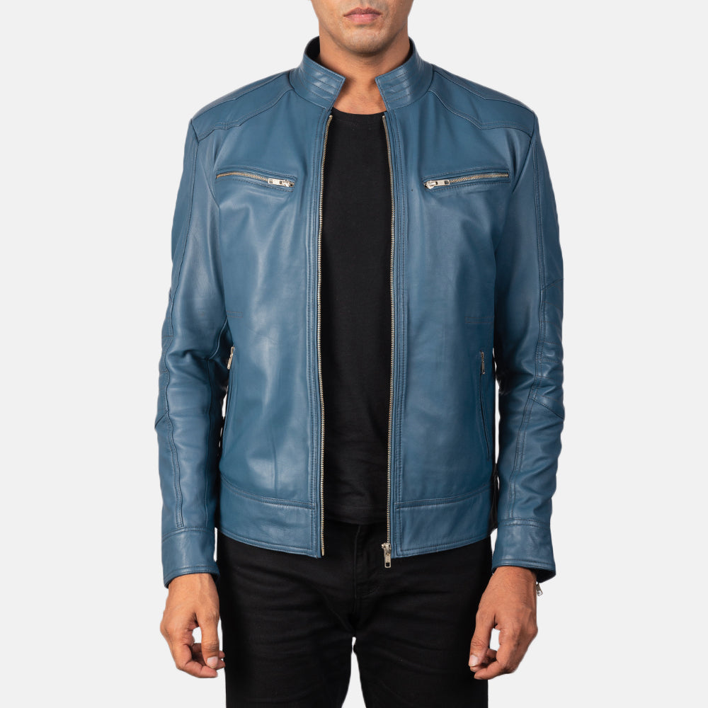 
Mack Blue Leather Biker Jacket in Blue Sheepskin Leather - Front Profile View & Tailored Silhouette | Buy Online