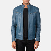 
Mack Blue Leather Biker Jacket in Blue Sheepskin Leather - Front Profile View & Tailored Silhouette | Buy Online