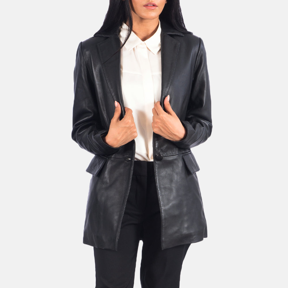 
Open Hem & Hem Craftsmanship Construction Detail on Women's Marilyn Tan Brown Leather Blazer