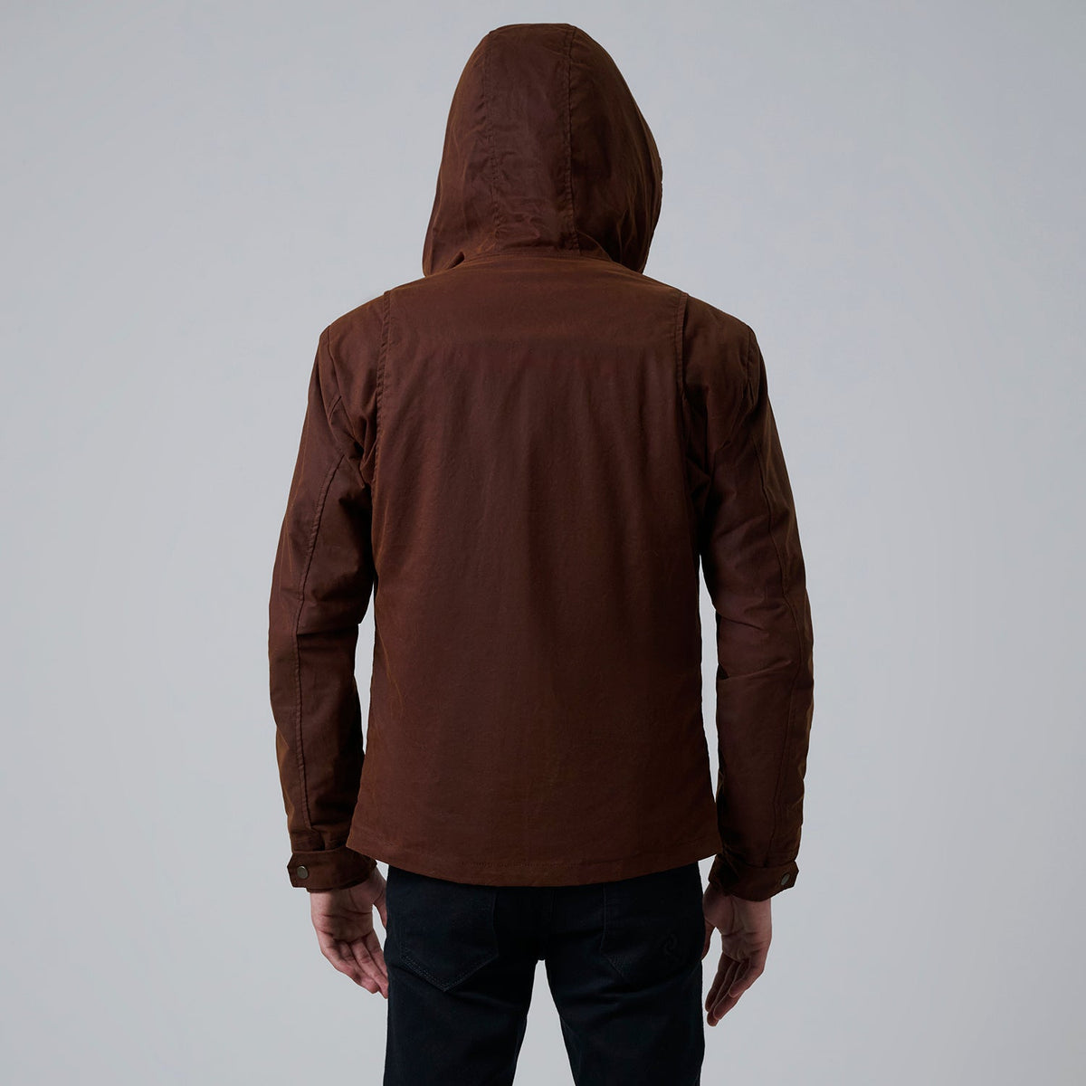 
Close-Up Detail of Hooded & Zipper with placket Hardware on Marlo Brown Canvas Hooded Work Jacket For Men