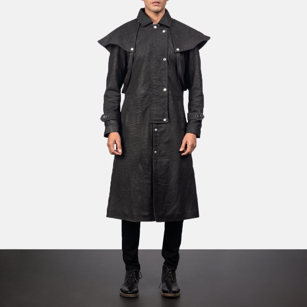 
Men's Maverick Black Leather Duster in Distressed Black Sheepskin Snuffed - Front Profile View & Tailored Silhouette | Buy Online