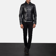 
Mod Black Leather Peacoat - Lateral Side Profile View Showing Sleeve Cut & Athletic Taper Fit