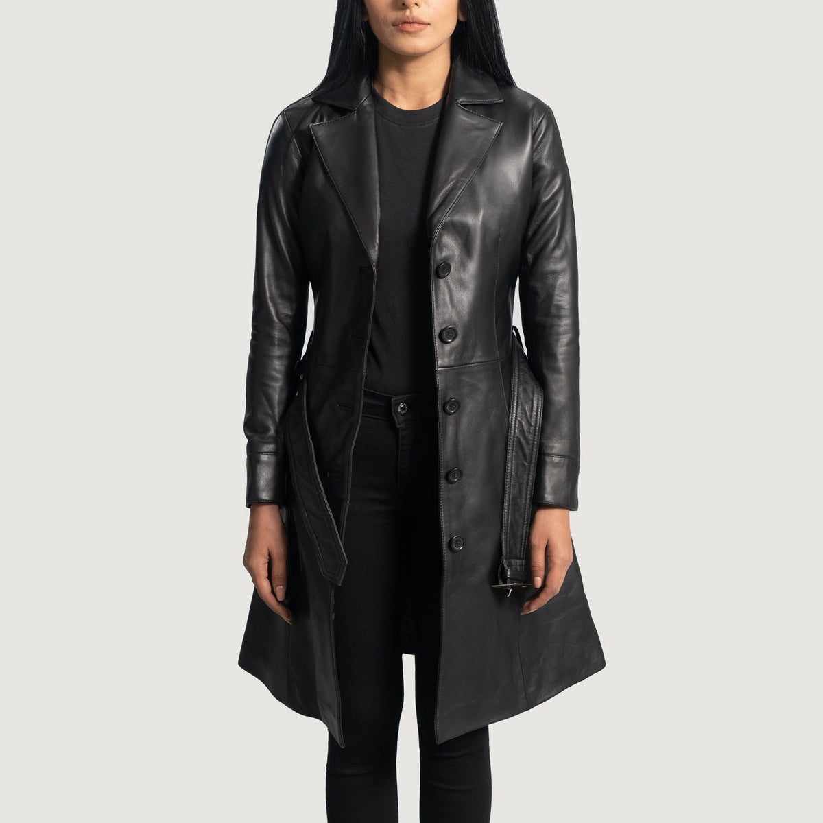 
Women's Moonlight Black Leather Trench Coat in Black Sheepskin Leather - Front Profile View & Tailored Silhouette | Buy Online