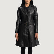 
Close-Up Detail of Notch & Button Hardware on Women's Moonlight Black Leather Trench Coat