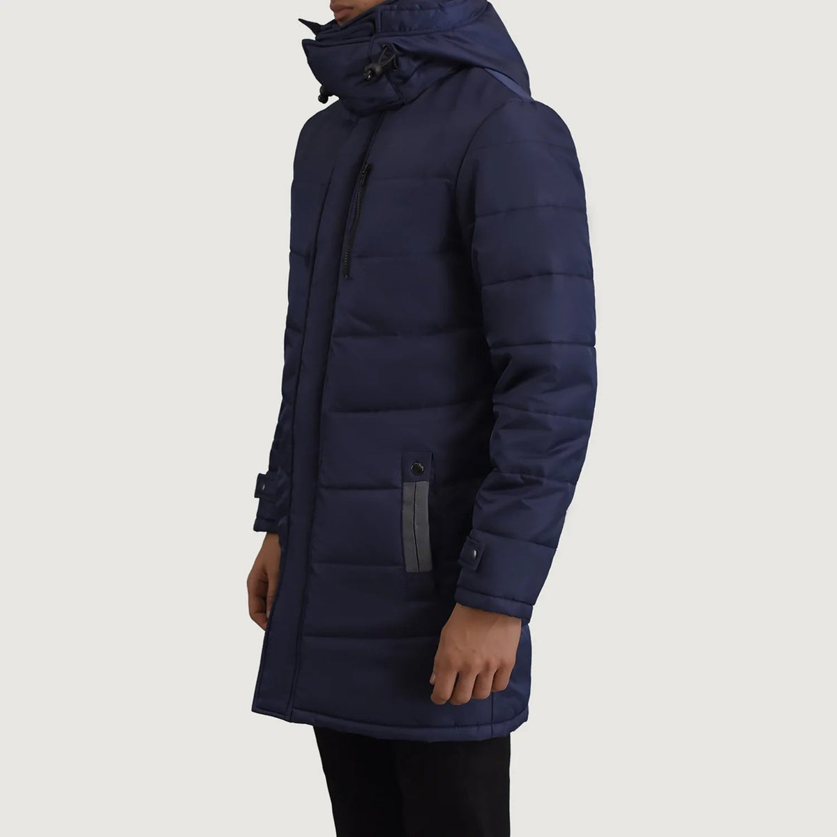 
Blue Full-Grain Leather Hooded Jacket - Back View Showing Tailored Shoulder Fit & Clean Hemline