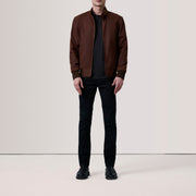 
Brown Waxed Cotton Canvas Bomber Jacket - Back View Showing Tailored Shoulder Fit & Clean Hemline
