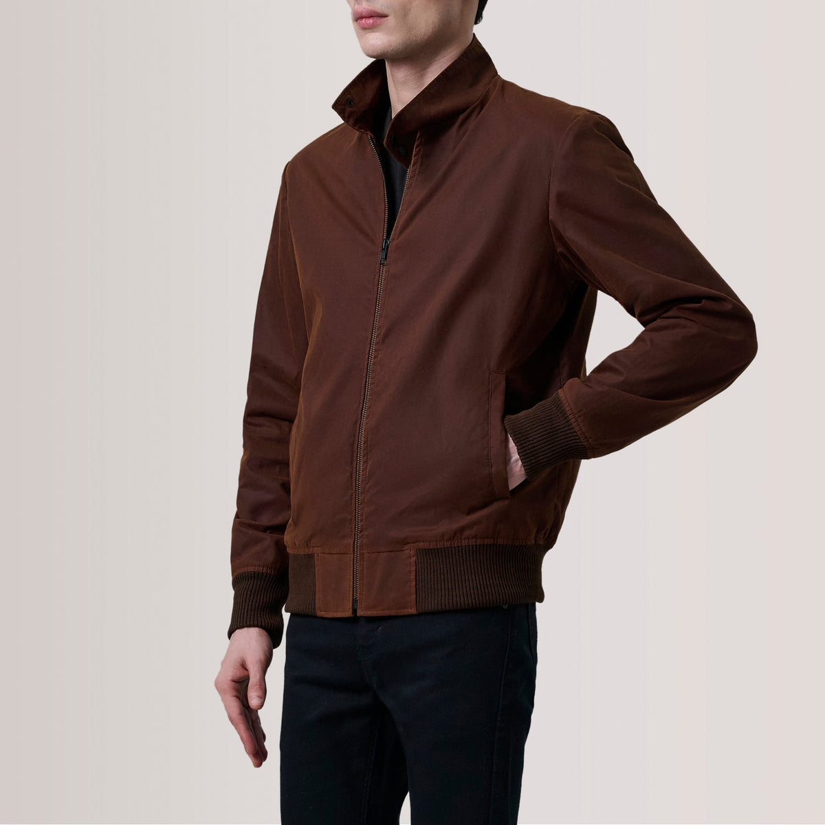 
Morrison Brown Canvas Bomber Jacket For Men - Lateral Side Profile View Showing Sleeve Cut & Athletic Taper Fit